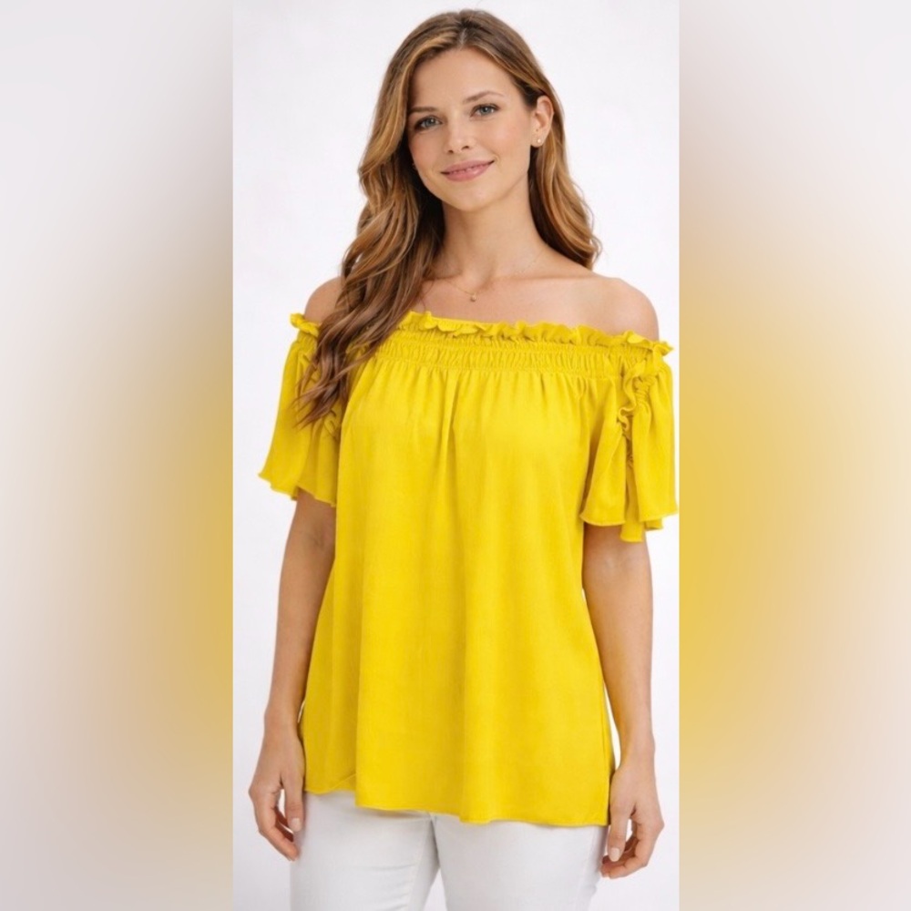 Yellow Ruffled Off-Shoulder Top - Picture 1 of 9